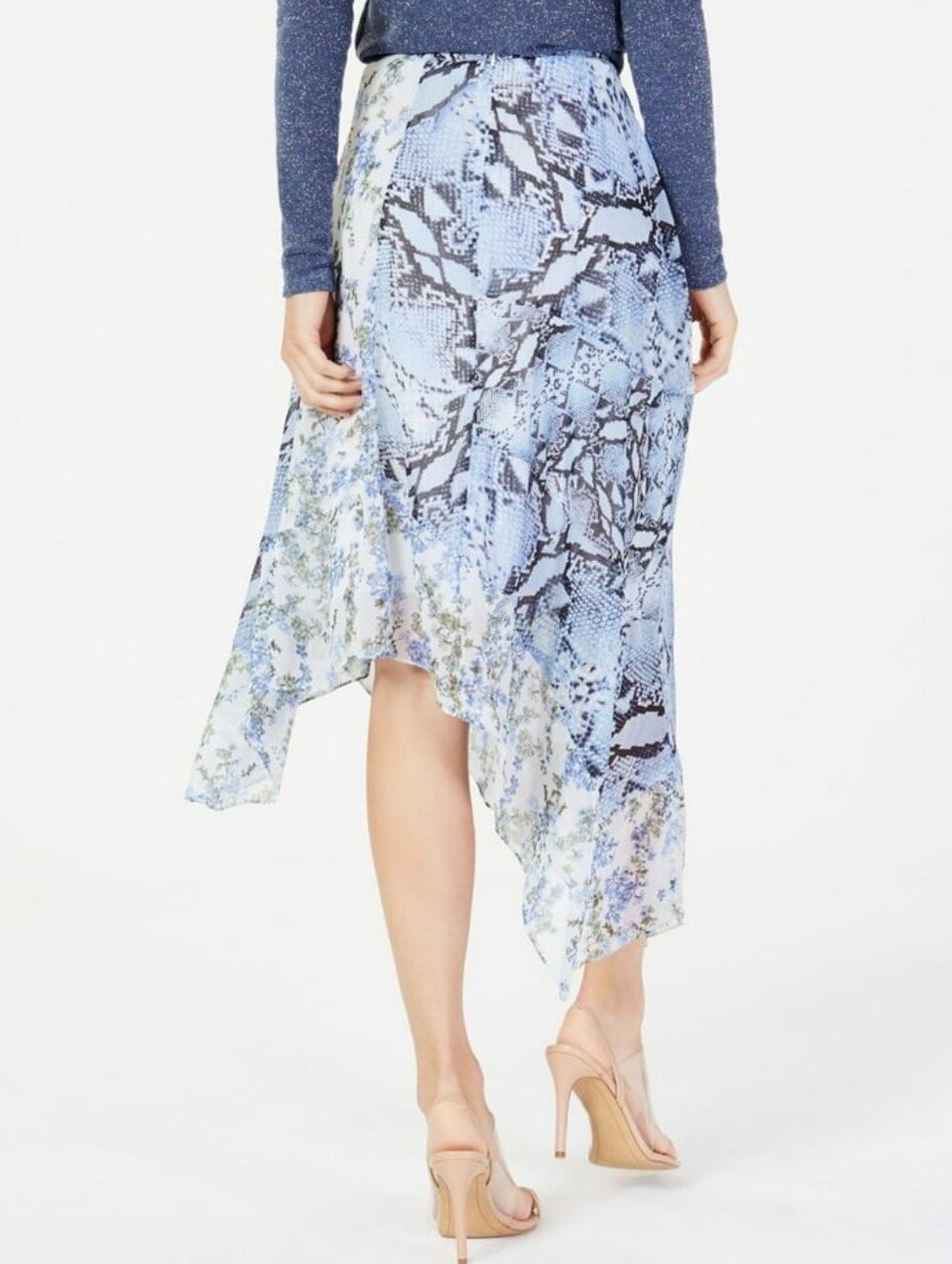 INC Womens Asymmetrical Blue Printed Knee Length Skirt  Size 8 Midi NWT